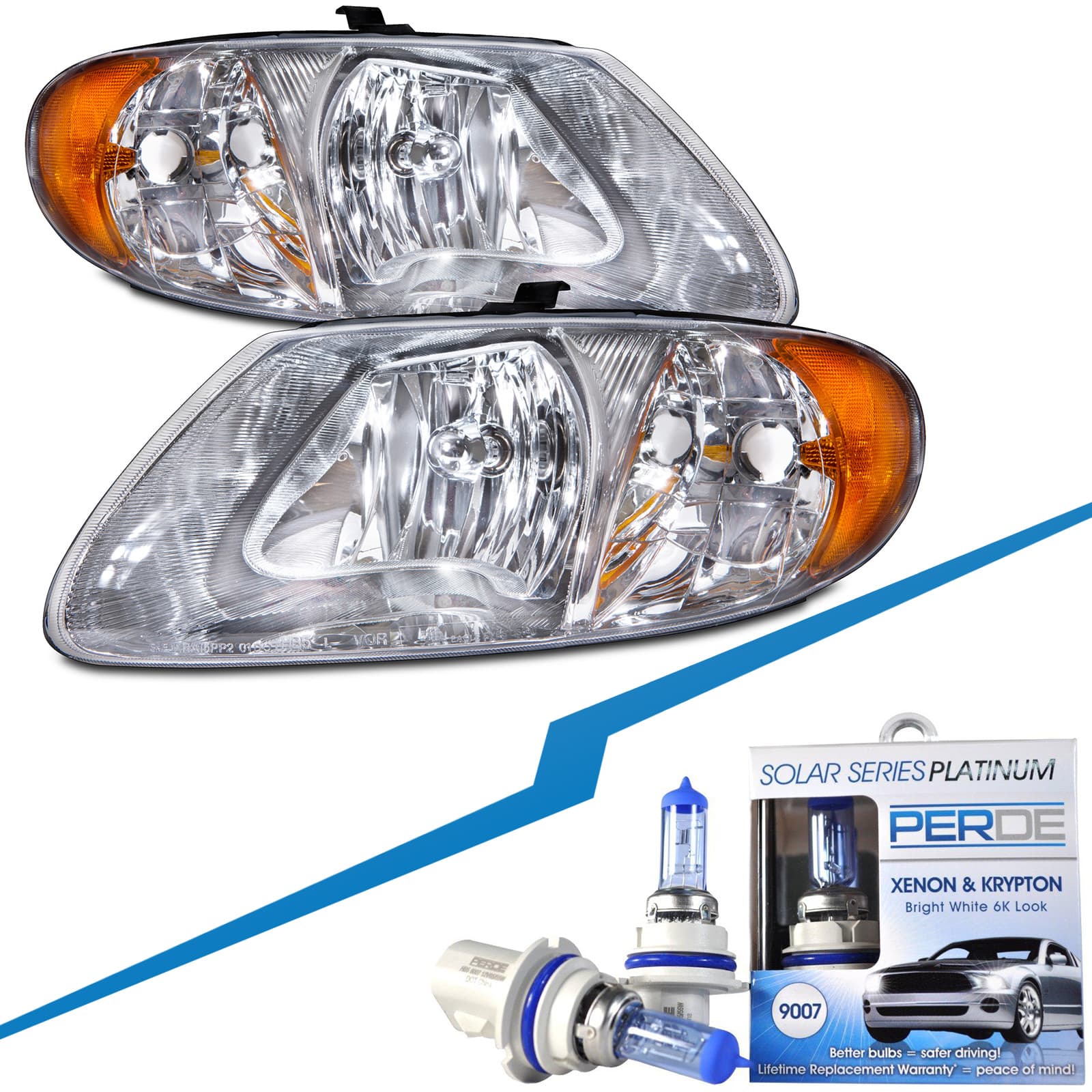 2001-2007 Chrysler Voyager Halogen Headlights Set w/Xenons Driver Left Passenger Right Pair Assembly Fits 2001-2007 Chrysler Voyager/ Caravan Town and Country