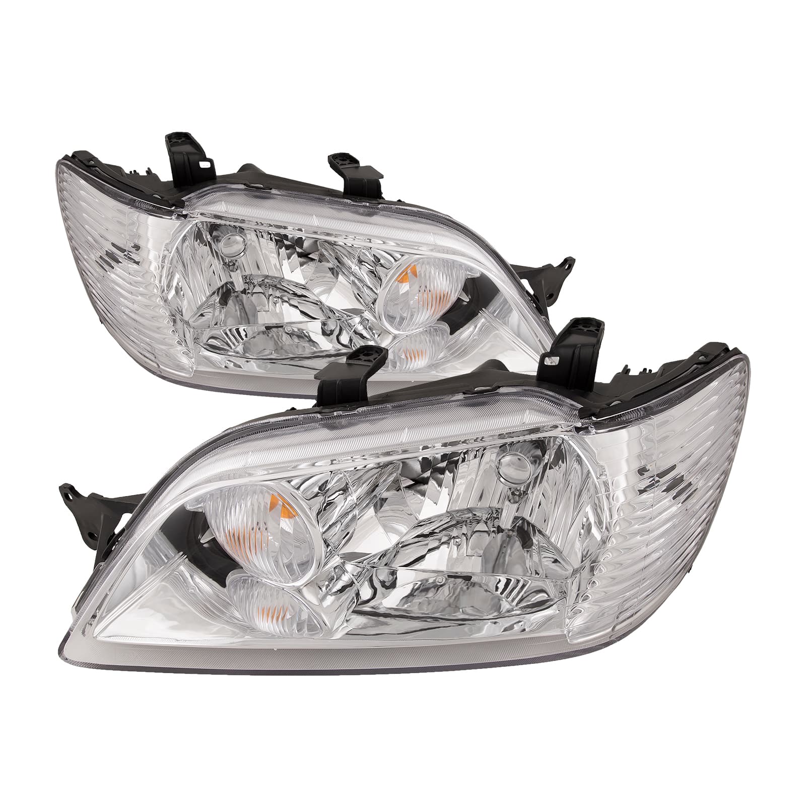 Chrome Housing Halogen Headlights Fits Mitsubishi Lancer 2002-2003 Includes Left Driver and Right Passenger Side Headlamps
