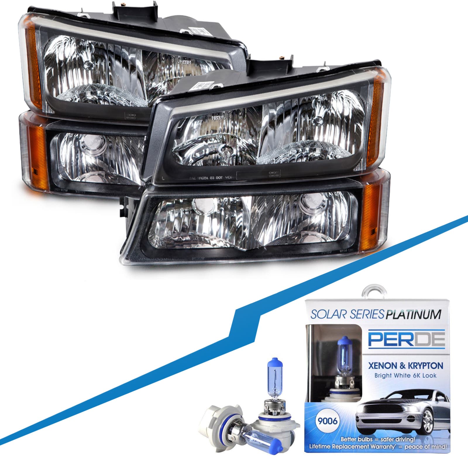 Headlights Depot Chevrolet Silverado/Avalanche Headlights W/ Platinum Bulbs (Set; Black Bezel)