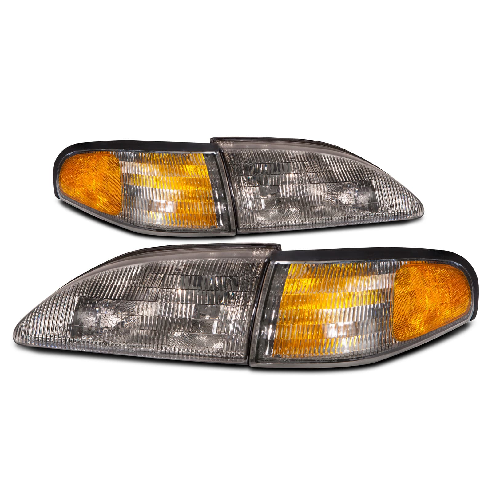 1994-1998 Ford Mustang PERDE 94-98 Ford Mustang OE Style Headlights (Set; 4-Piece; Amber Side Marker; Fluted Smoked Lens)