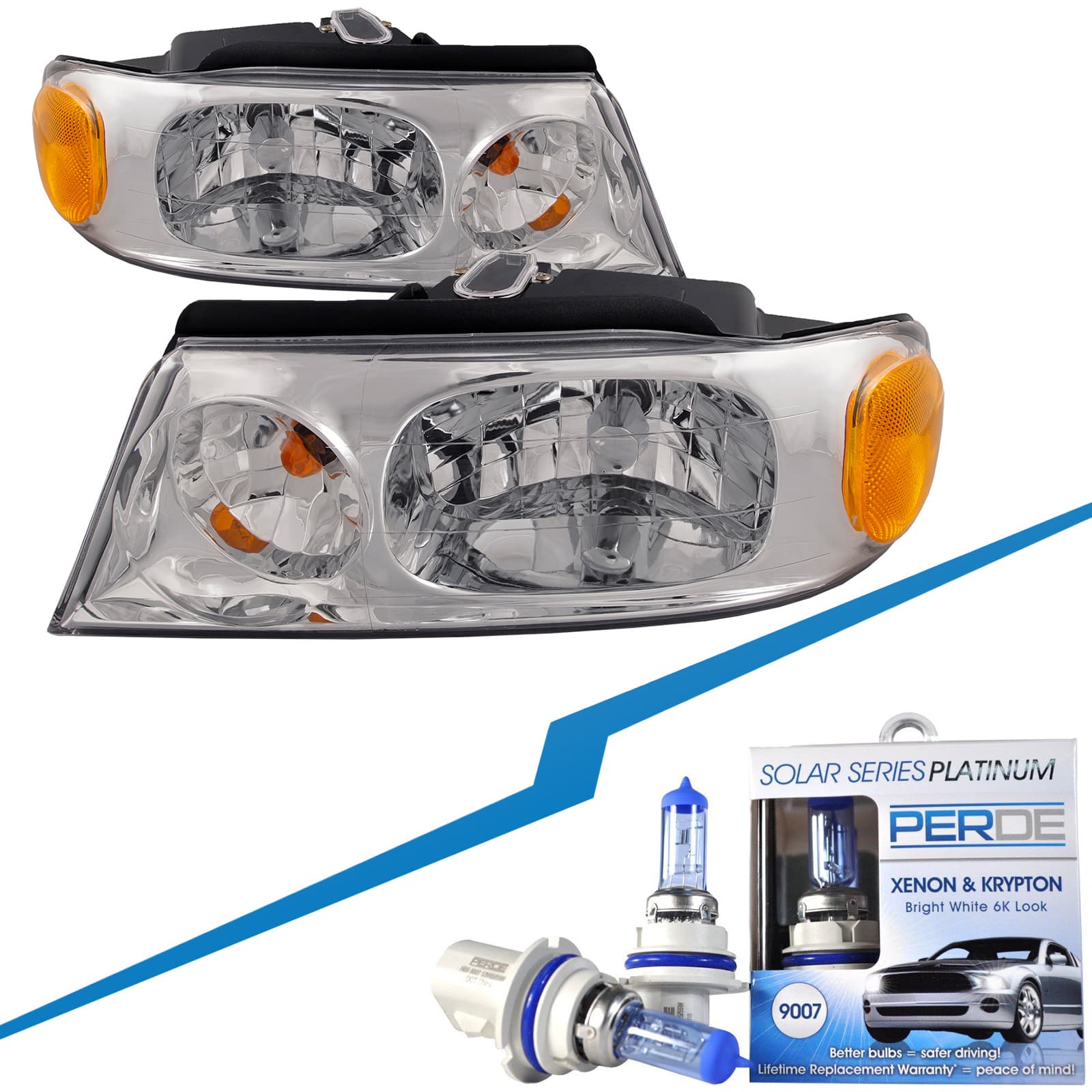 1998-2002 Lincoln Navigator Halogen Headlights Pair Driver Left Passenger Right Headlamps Set w/Xenon Bulbs Assembly