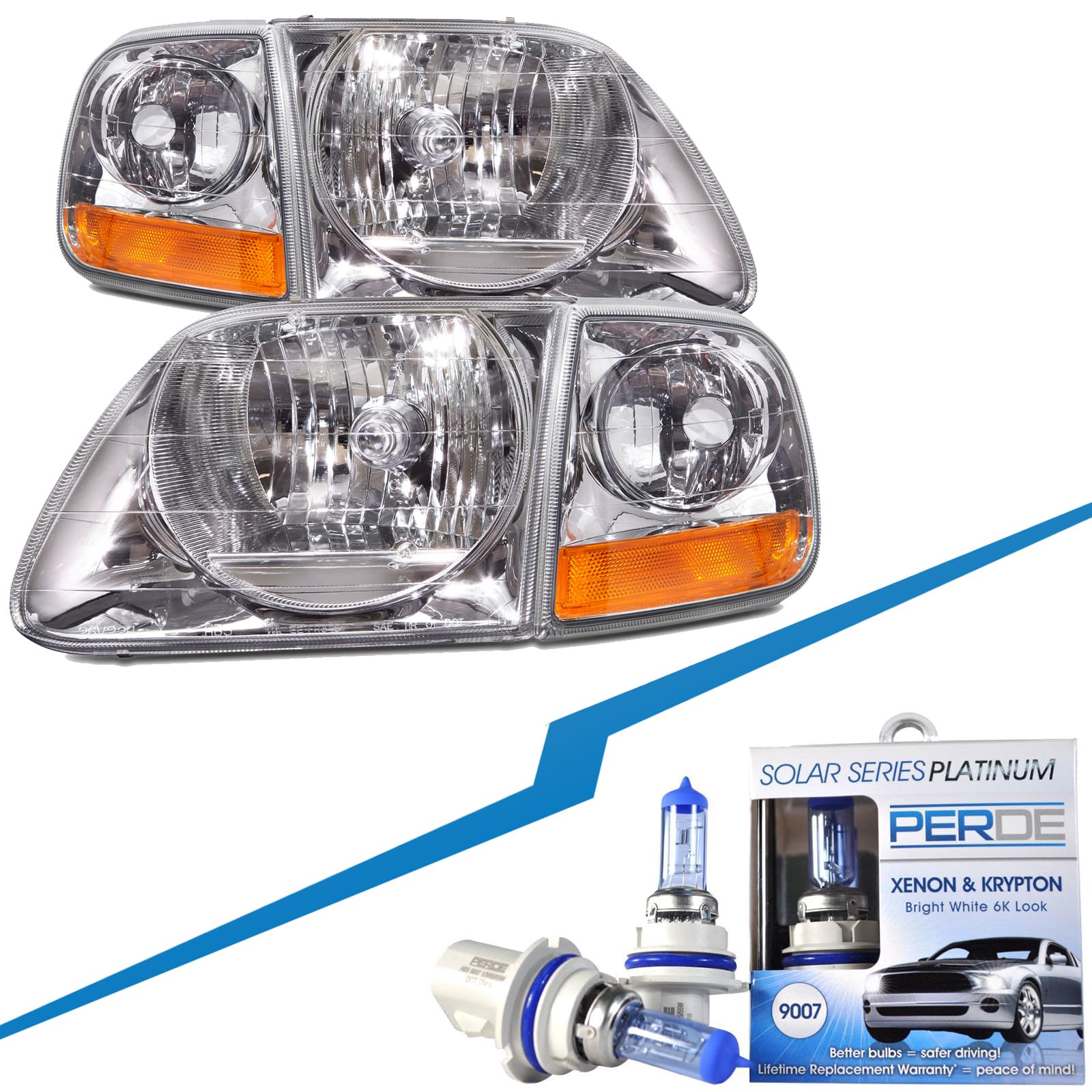 1997-2003 Ford F-150 Headlights Depot 97-03 Ford F-150 / 97-02 Expedition Lightning Style Headlights with Bulbs (Set; 4-Piece, Chrome; Clear Lens)