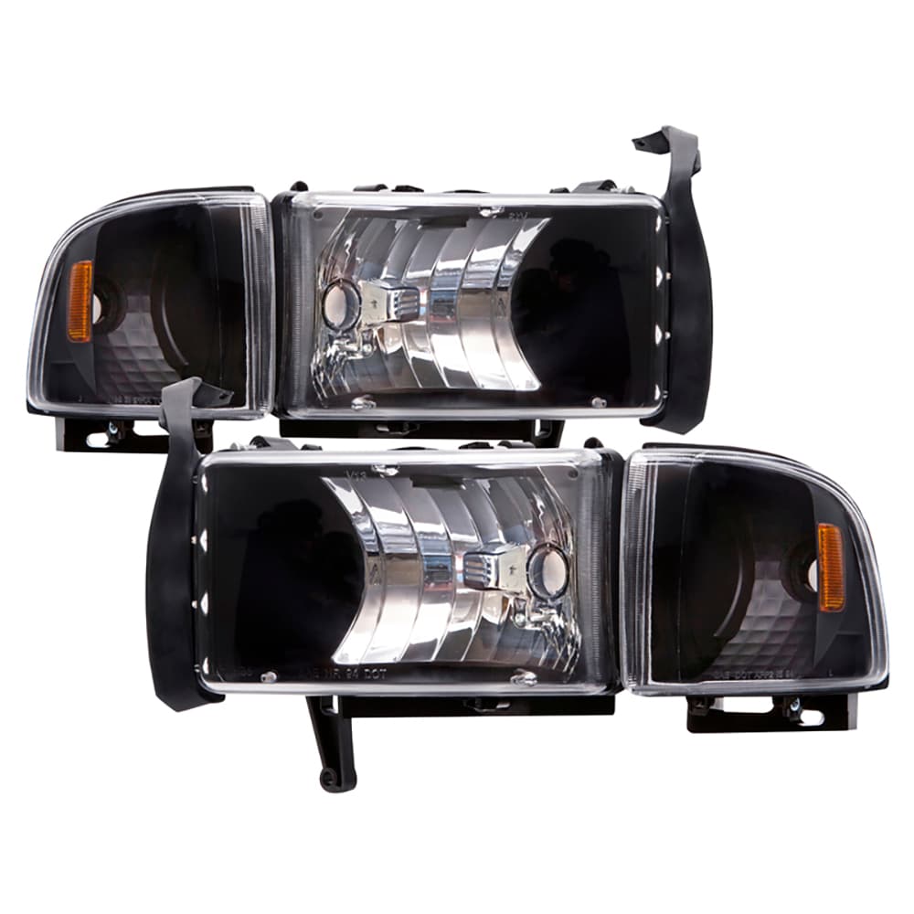 1994-2002 Dodge Ram Headlights Depot 94-02 Dodge Ram Euro Black Housing Headlights (Set; Clear Lens; Non-Sport)