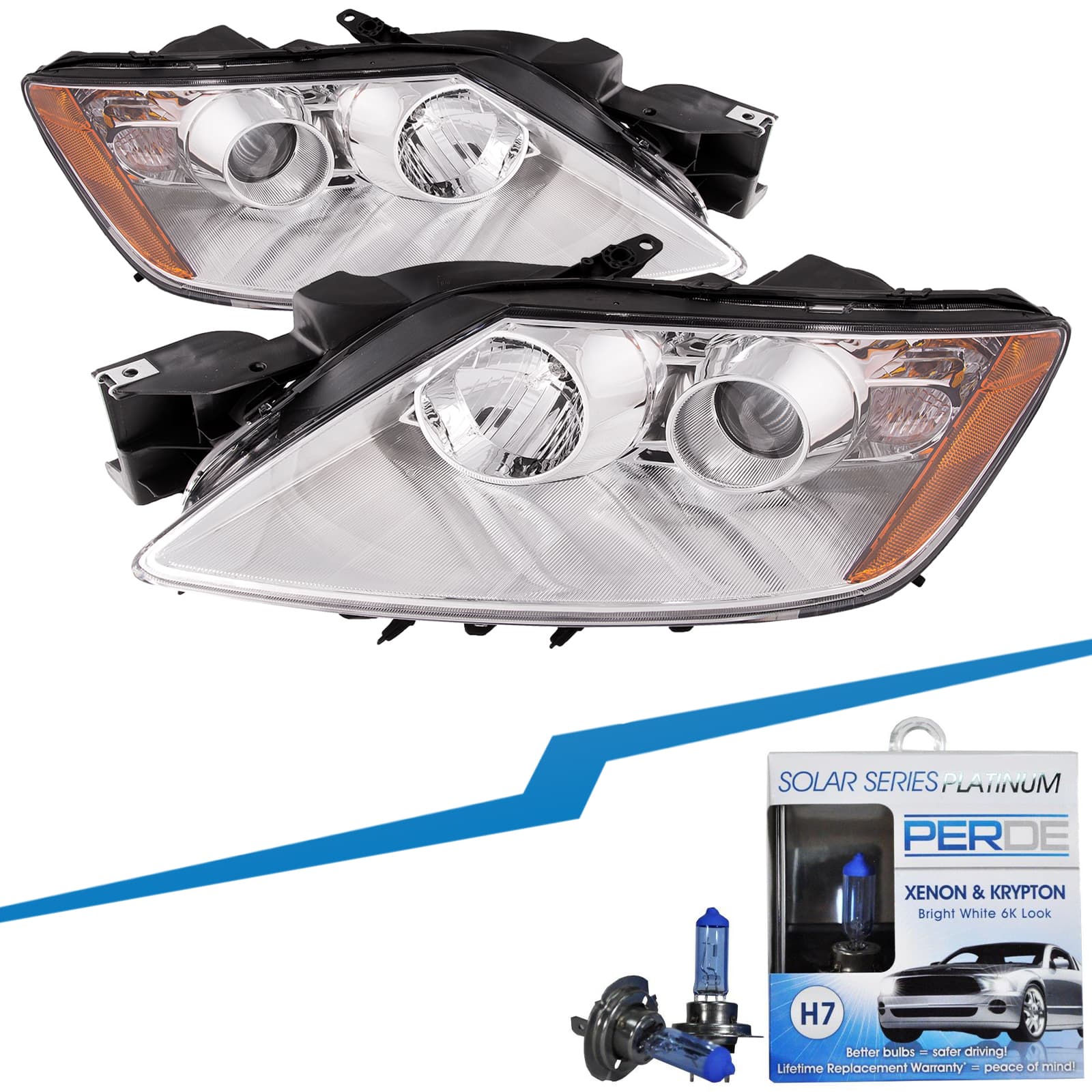 2007-2011 Mazda CX-7 PERDE Chrome Projector Headlight Set Fits 2007-2011 Mazda CX-7 With Factory-Equipped Halogen Headlamps Comes With Low Beam Bulb Upgrade