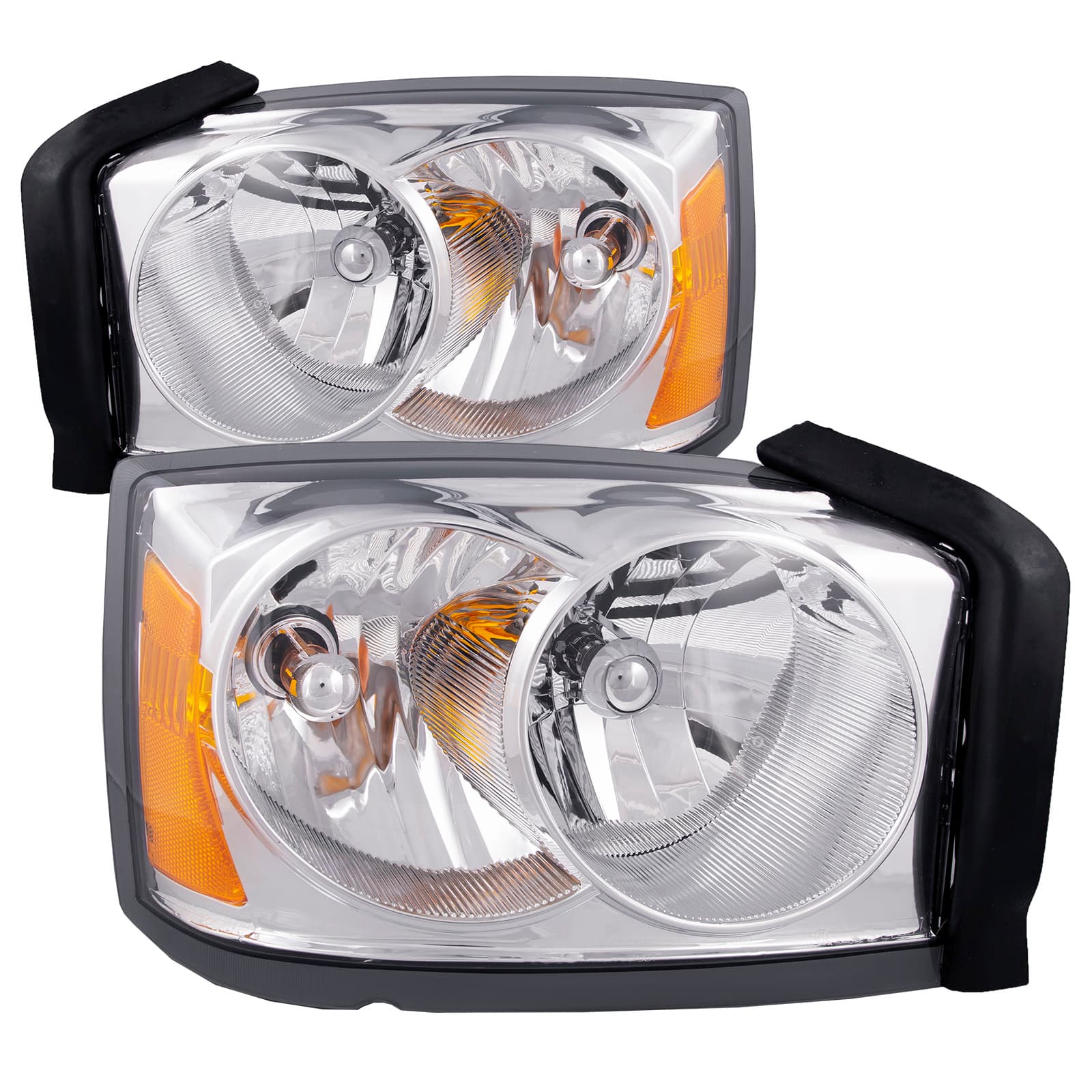 2005-2007 Dodge Dakota Halogen Chrome Headlights Pair Driver Left Passenger Right Headlamps Set Assembly