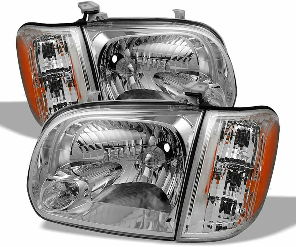 2005-2007 Toyota Sequoia Halogen Headlights Chrome Housing 4pcs Set Left Right Pair With Corner Lights Fits 2005-2007 Toyota Sequoia/2005-2007 Tundra (Fits Double Cab Only)