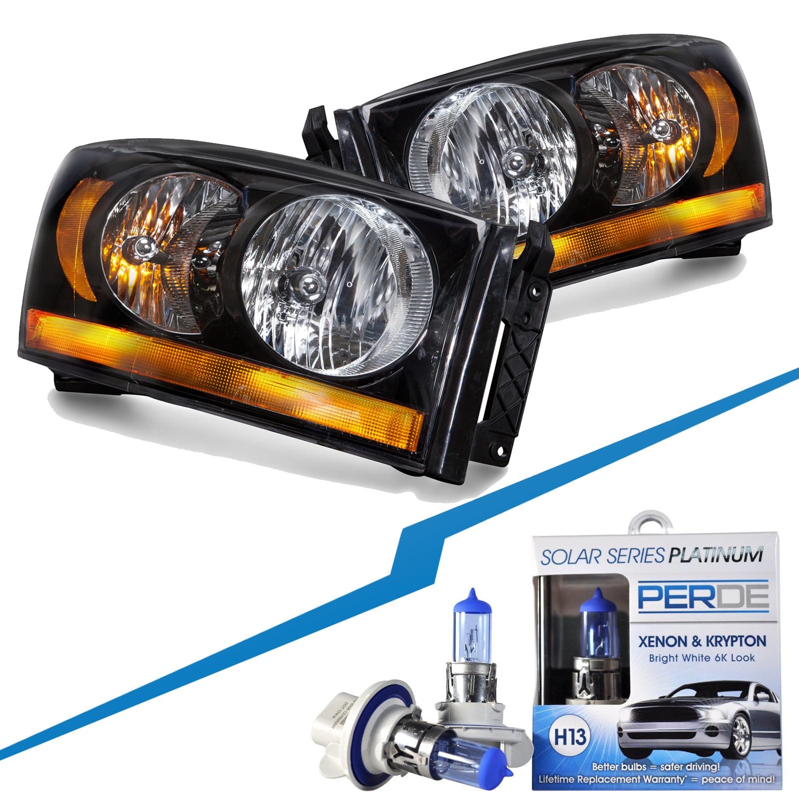 2006 Dodge Ram Pickup 1500/2500/3500 Black Halogen Headlights Set w/Xenons