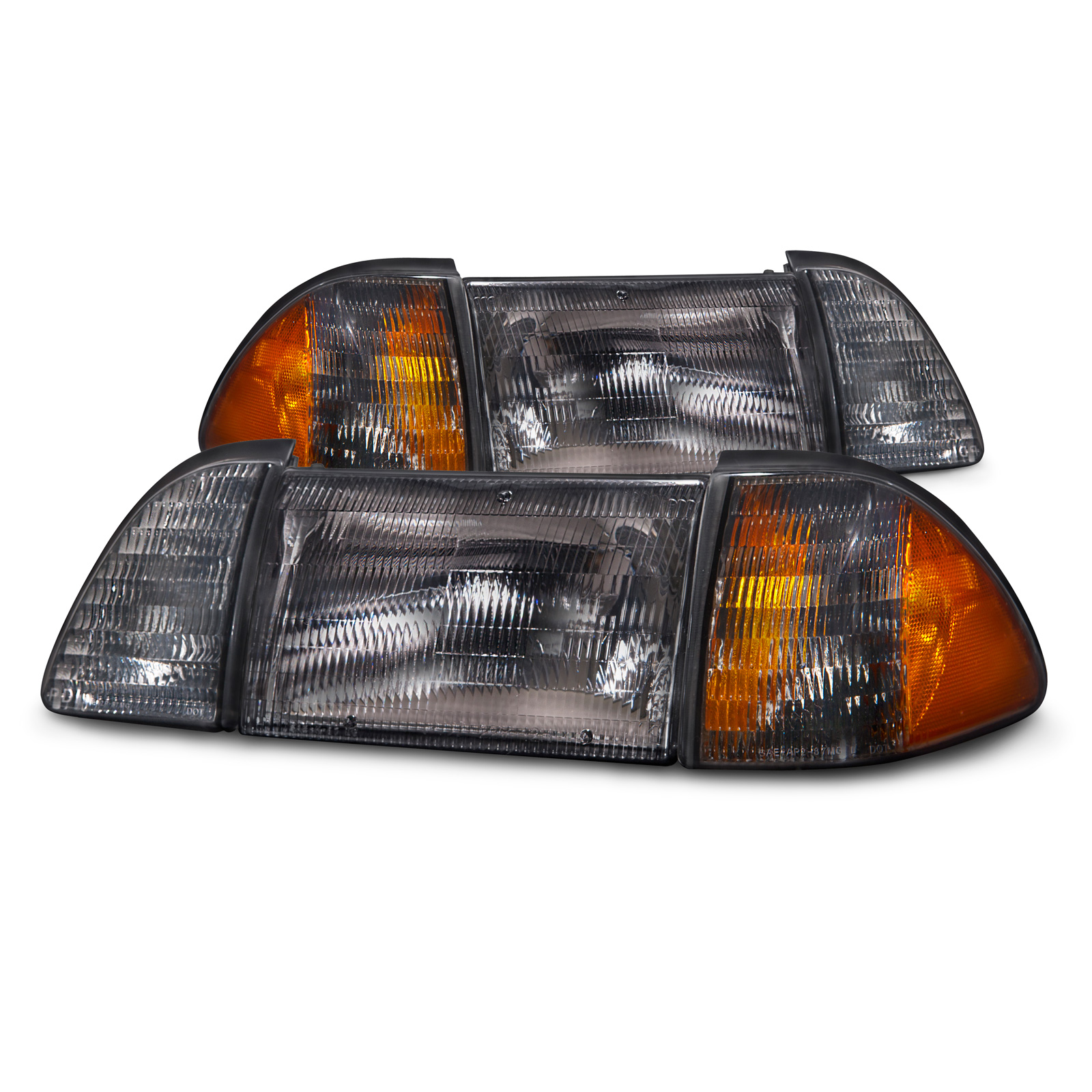 1987-1993 Ford Mustang PERDE 87-93 Ford Mustang GT/LX Smoked Headlights (Set; 6-Piece; Amber Side Marker; Fluted Smoked Lens)
