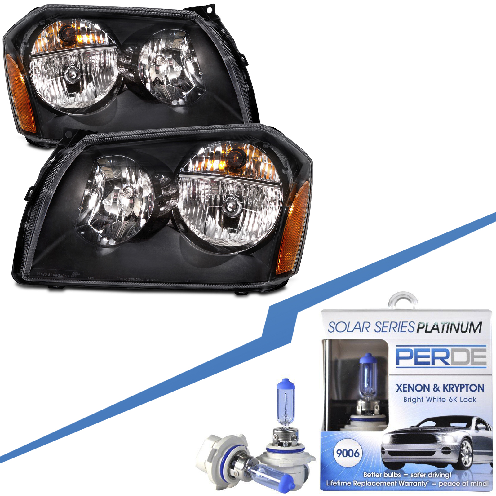 2005-2007 Dodge Magnum Headlights Set Black With Halogen Xenon Bulbs Pair Left Driver Right Passenger Fits 2005-2007 Dodge Magnum
