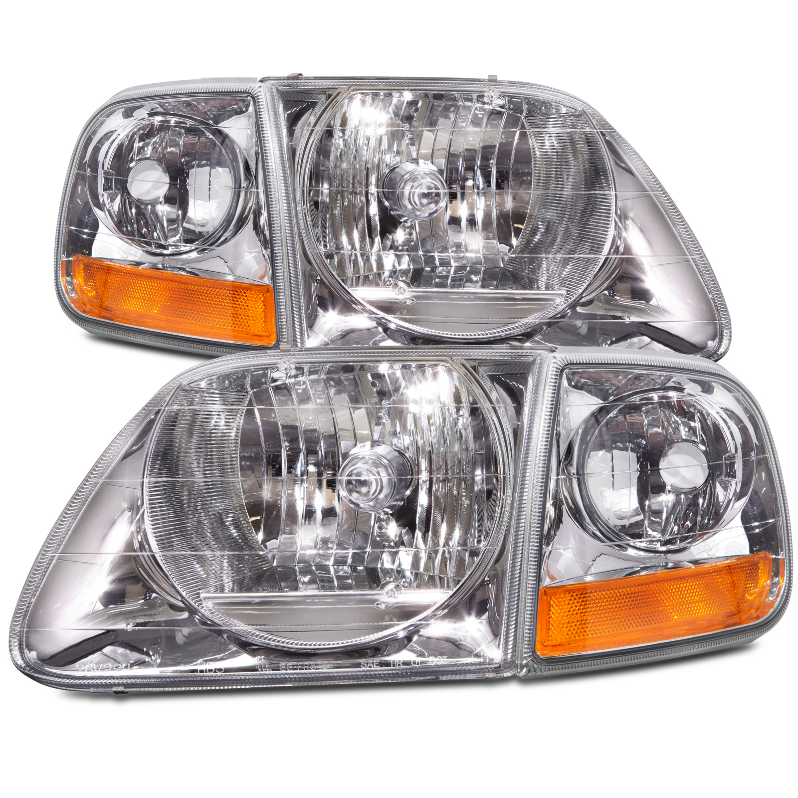 1997-2003 Ford F-150 Headlights Depot 97-03 Ford F-150 / 97-02 Expedition Lightning Style Headlights (Set; 4-Piece, Chrome; Clear Lens)