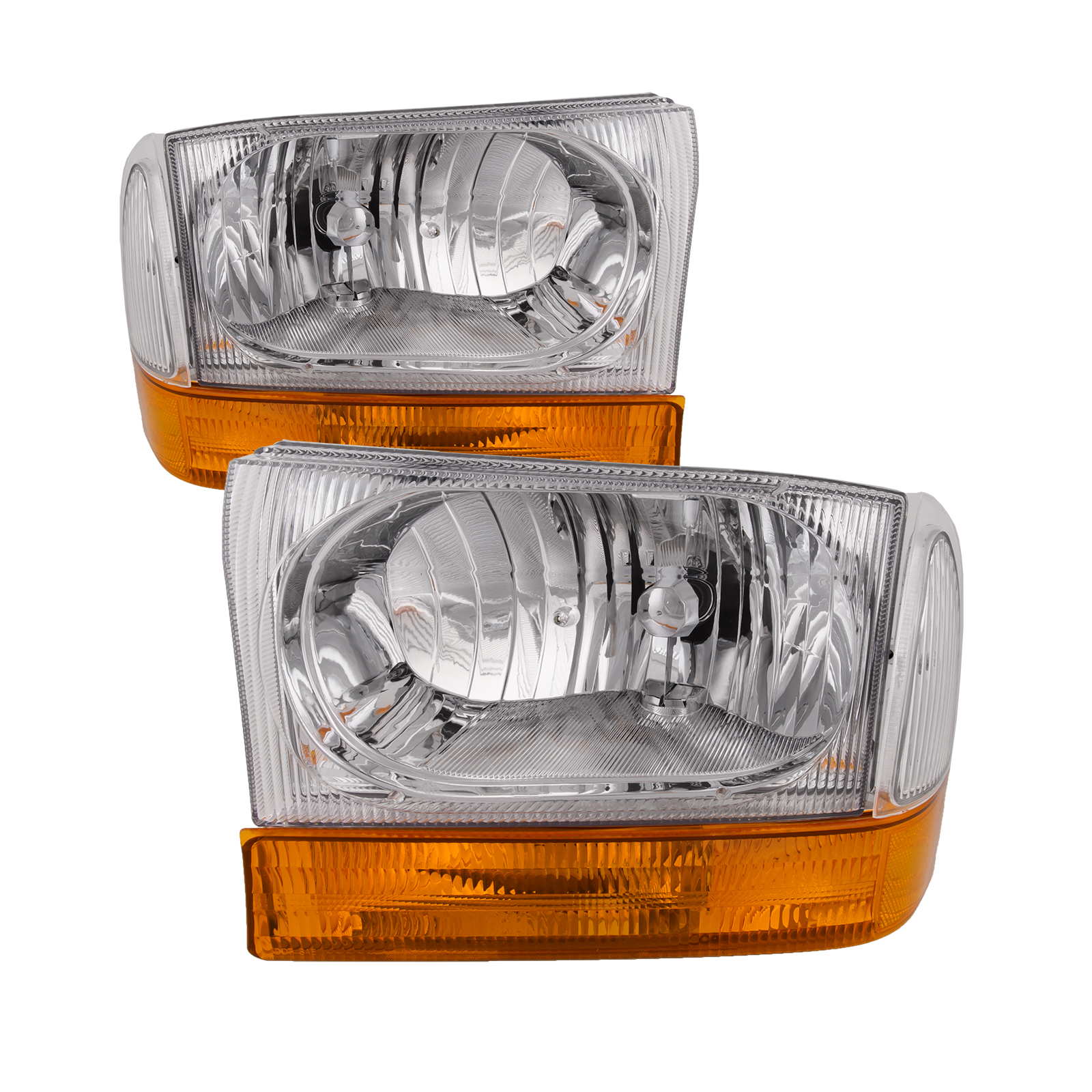 Euro Headlights 4-Piece Set w/Stock Corner Lights Fits Ford Excursion F-250 Super Duty F-350 F-450 Chrome Housing Halogen
