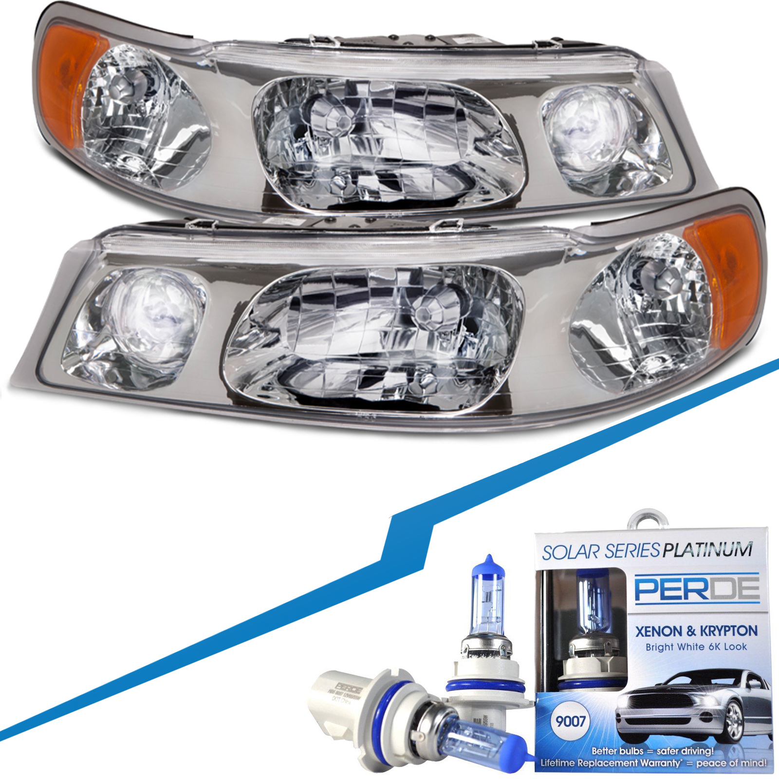 Headlights Fits Lincoln Town Car 1998-2002 Includes Left Driver and Right Passenger Side Chrome Housing Halogen Headlamps