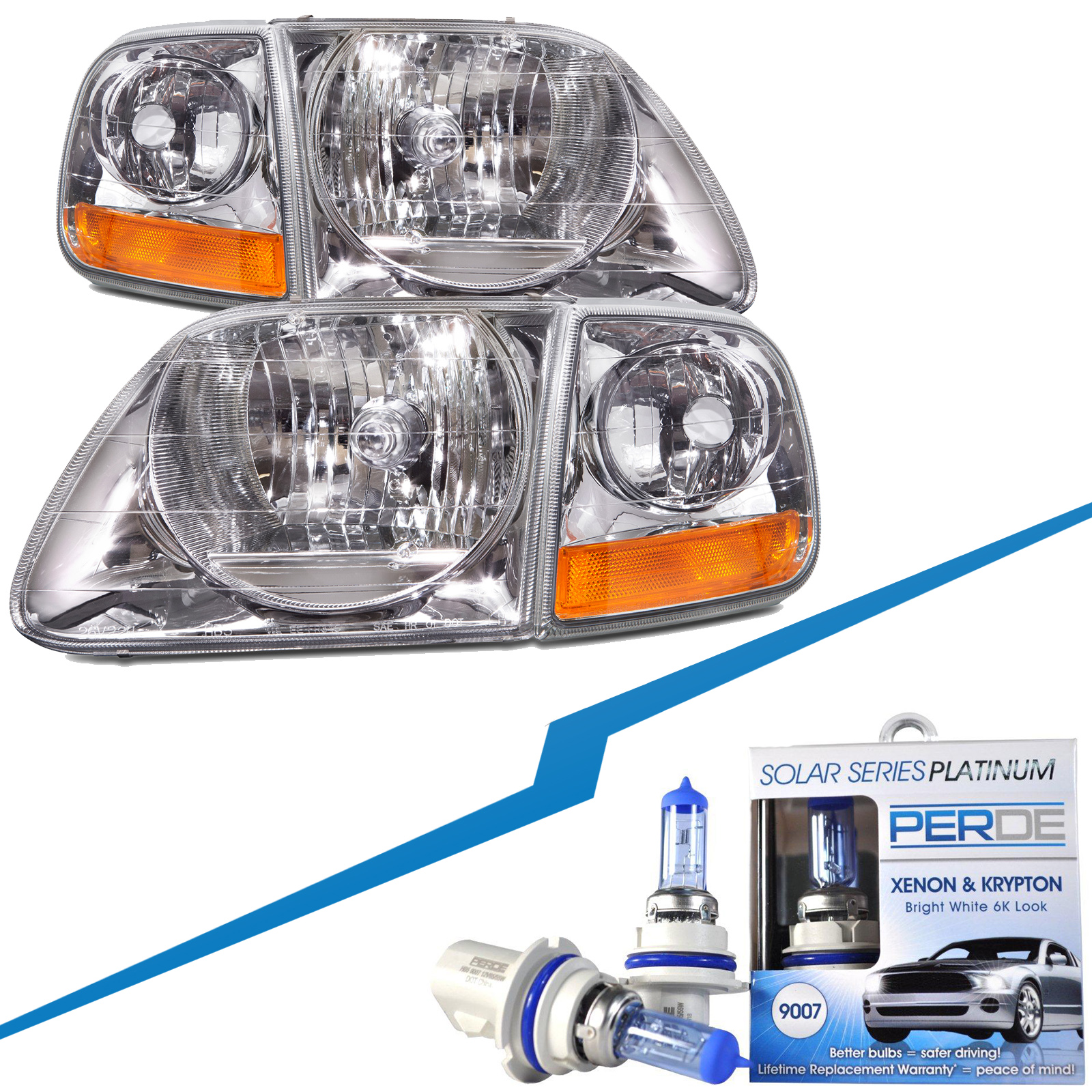 1997-2003 Ford F-150 Headlights Depot 97-03 Ford F-150 / 97-02 Expedition Lightning Style Headlights with Bulbs (Set; 4-Piece, Chrome; Clear Lens)